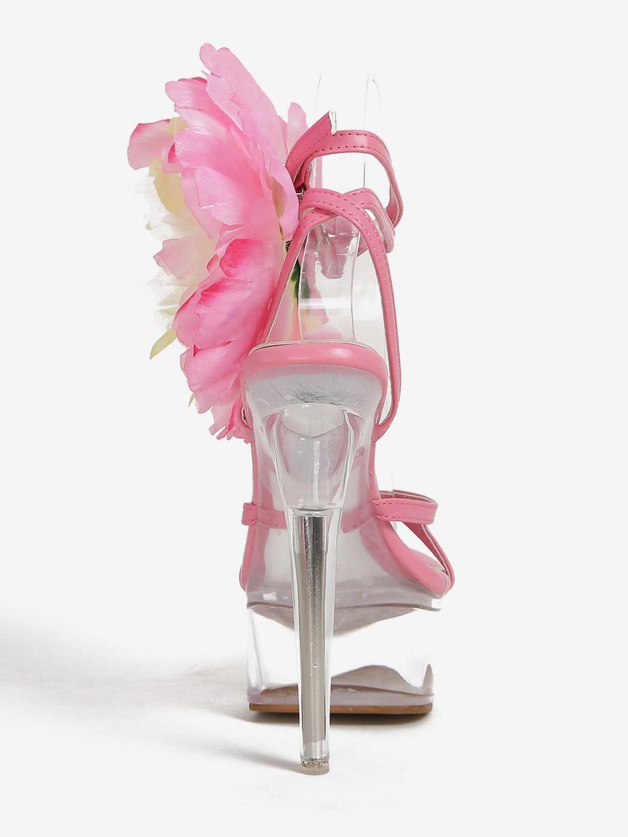 Sandals For Woman Pink PU Leather Peep Toe Flowers Shoes
