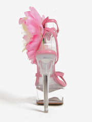 Sandals For Woman Pink PU Leather Peep Toe Flowers Shoes