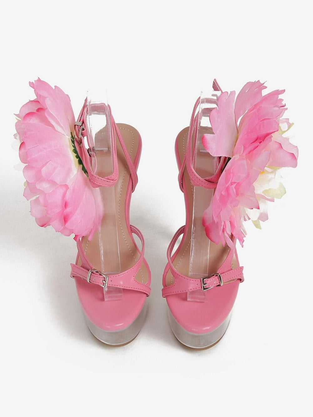 Sandals For Woman Pink PU Leather Peep Toe Flowers Shoes