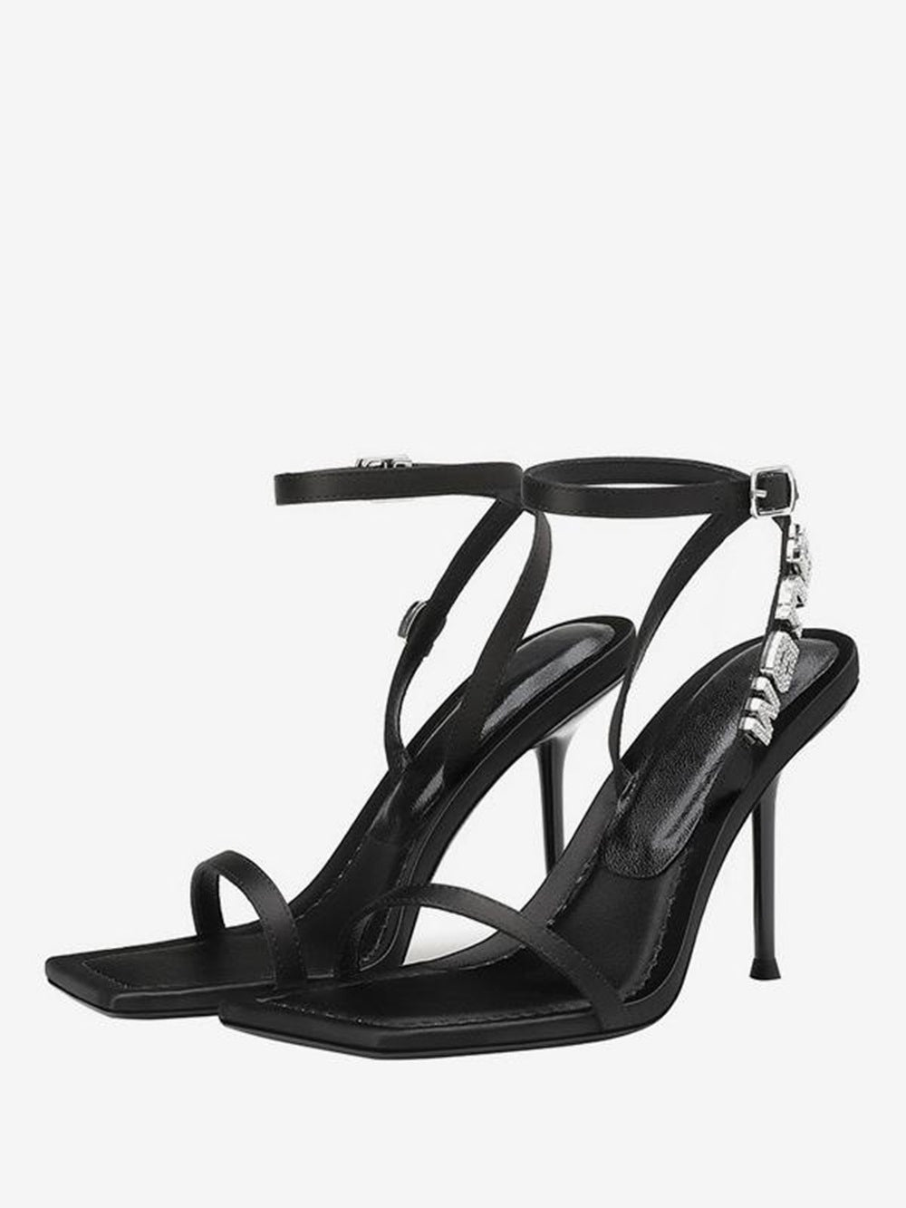 Sandals Women Square Toe Stiletto Heel Rhinestones Ankle Strap Prom Shoes