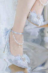 Elegant Lace Bowknot Pearls Gems Pattern Pointed High Heeled Wedding Sandals
