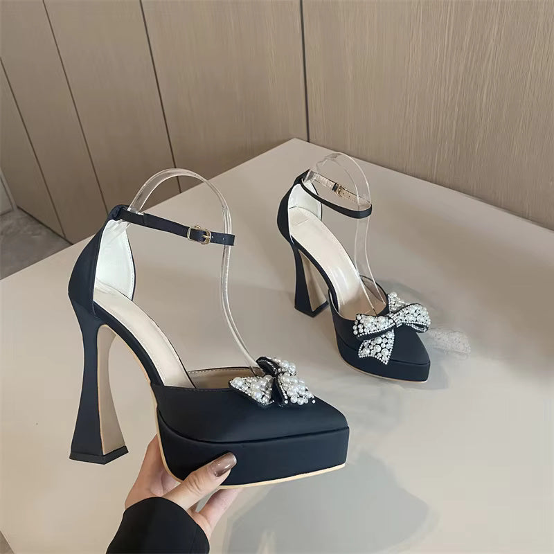 Thick Bottom Pointed Toe Platform Style Pearl Butterfly-Knot High Heels Sandals