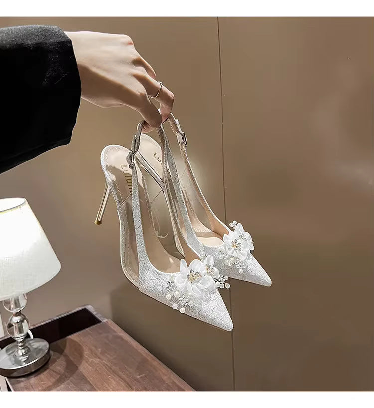 Shallow Mouth Flower Water Diamond Slim Wedding Shoes High Heels