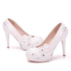 Rhinestone Flower Fashion Thin High Heels Slip on Wedding Shoes