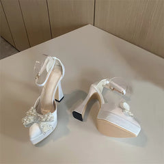 Thick Bottom Pointed Toe Platform Style Pearl Butterfly-Knot High Heels Sandals
