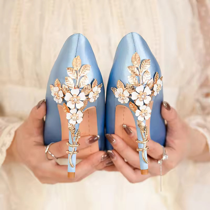 Elegant Silk Design Luxury Flower Pattern Stiletto Heeled