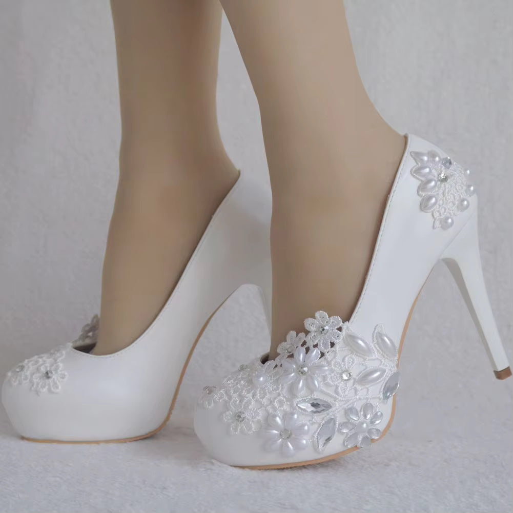 Rhinestone Flower Fashion Thin High Heels Slip on Wedding Shoes