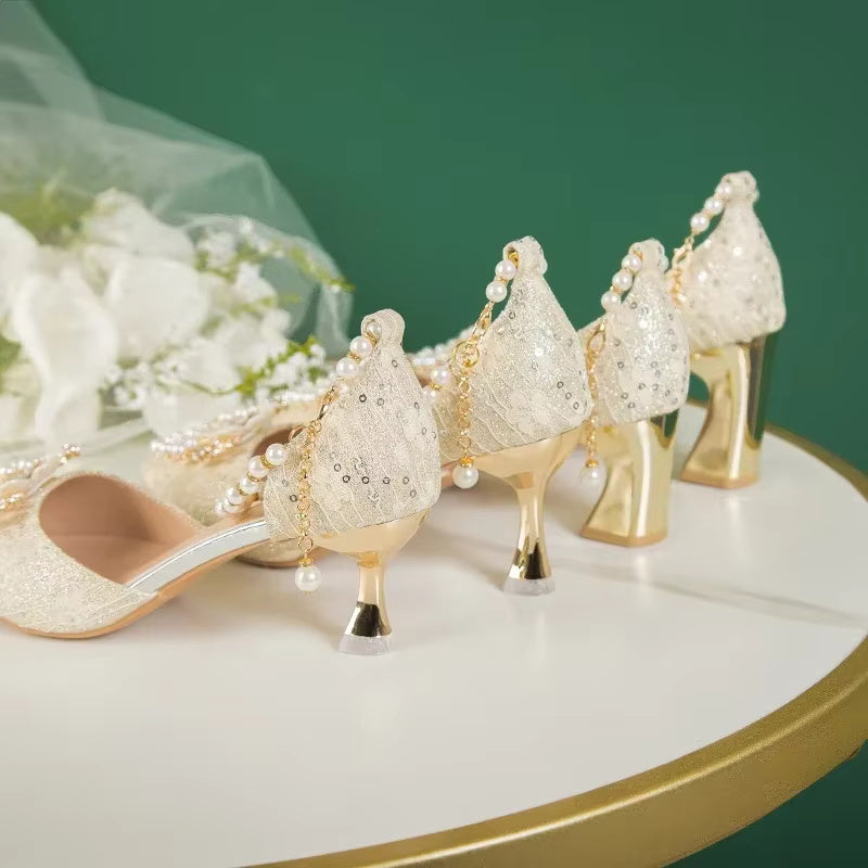 Rhinestone Pattern Lace Beaded Tassel Fashion Bridal Sandals