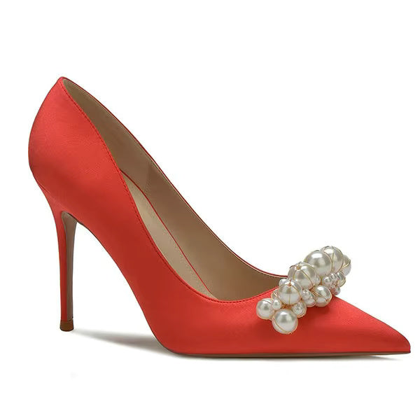 Pearl Pattern French Satin Wedding Bridesmaid High Heels Shoes