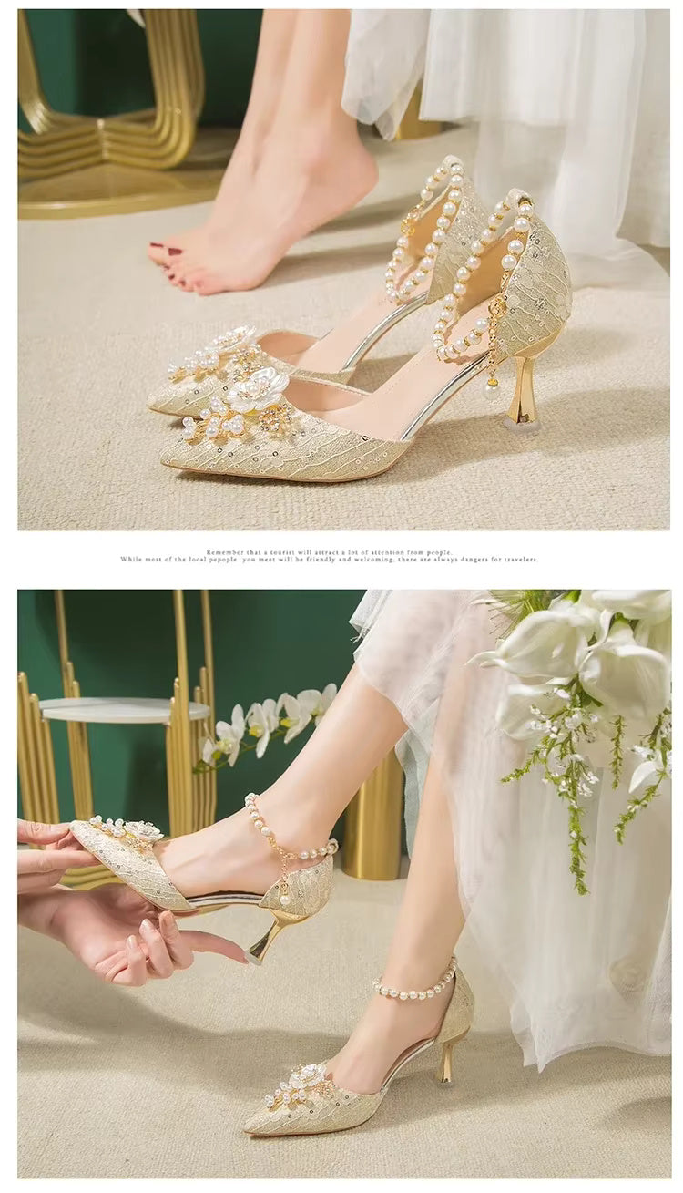 Rhinestone Pattern Lace Beaded Tassel Fashion Bridal Sandals