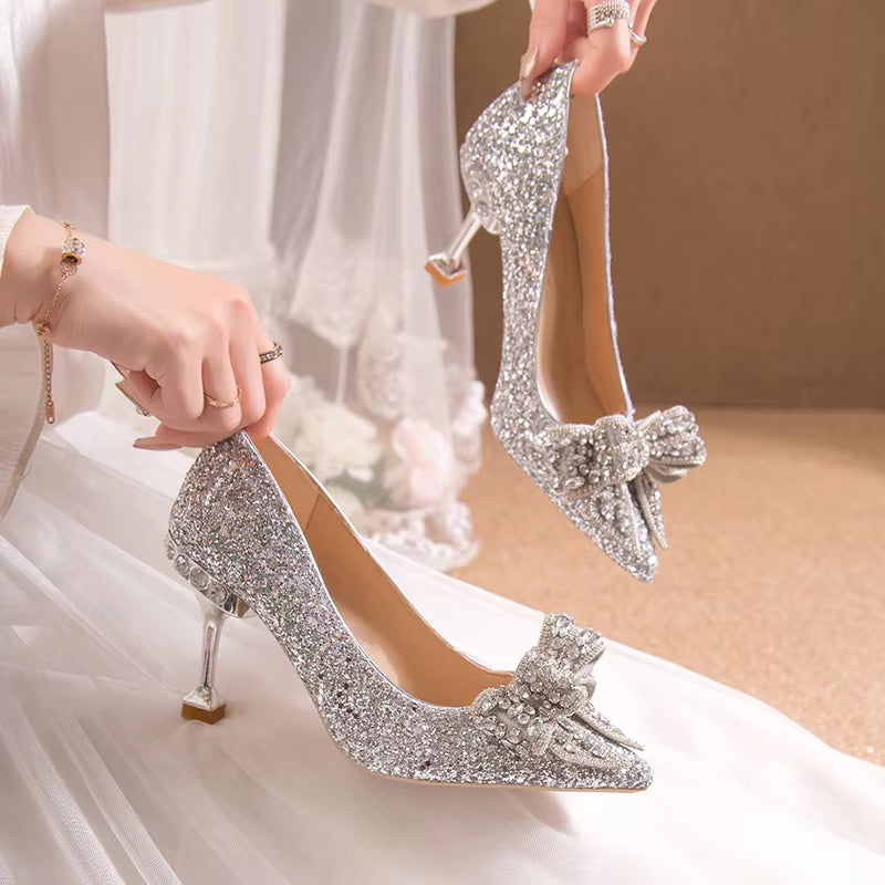 Luxury Buckle Decorative Banquet  Rhinestone High Heels Wedding Shoes