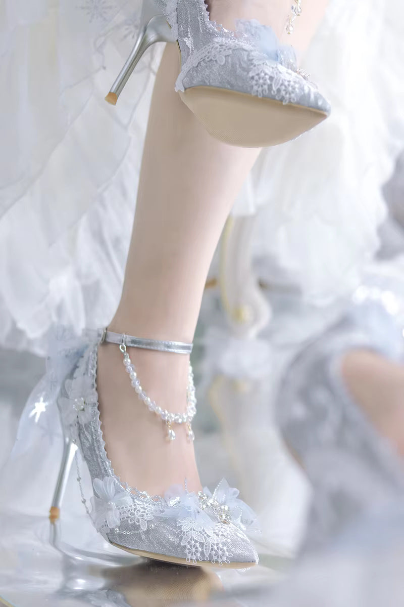 Elegant Lace Bowknot Pearls Gems Pattern Pointed High Heeled Wedding Sandals