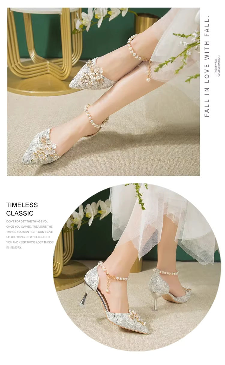 Rhinestone Pattern Lace Beaded Tassel Fashion Bridal Sandals