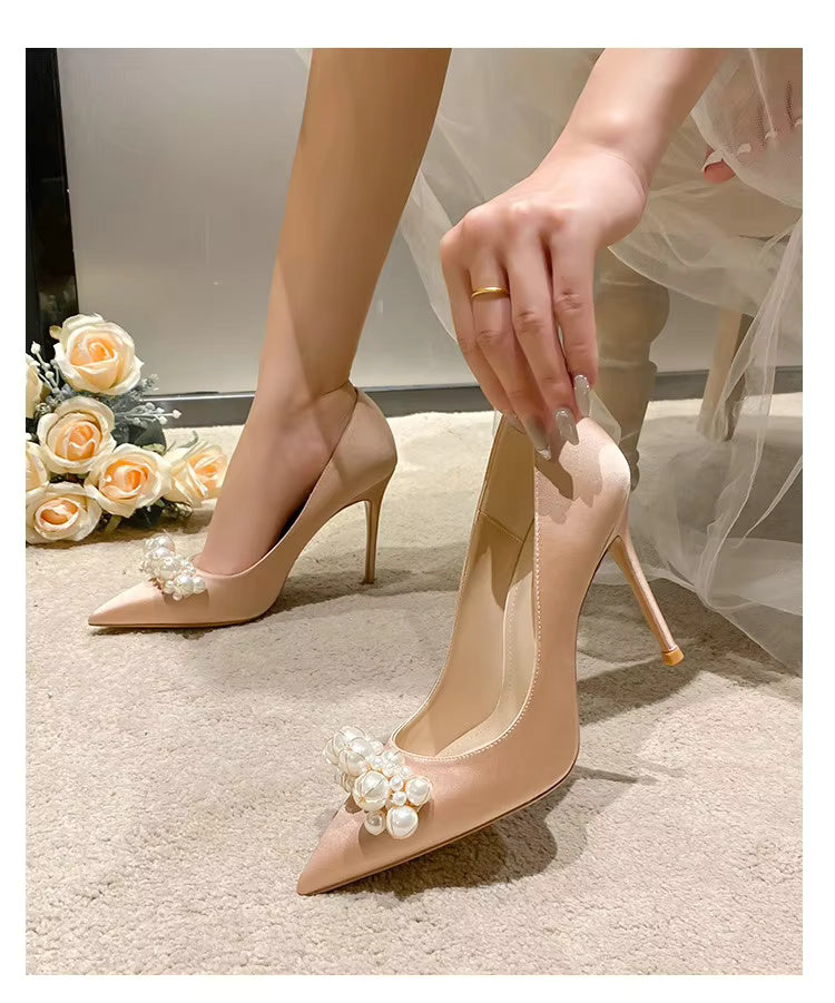 Pearl Pattern French Satin Wedding Bridesmaid High Heels Shoes