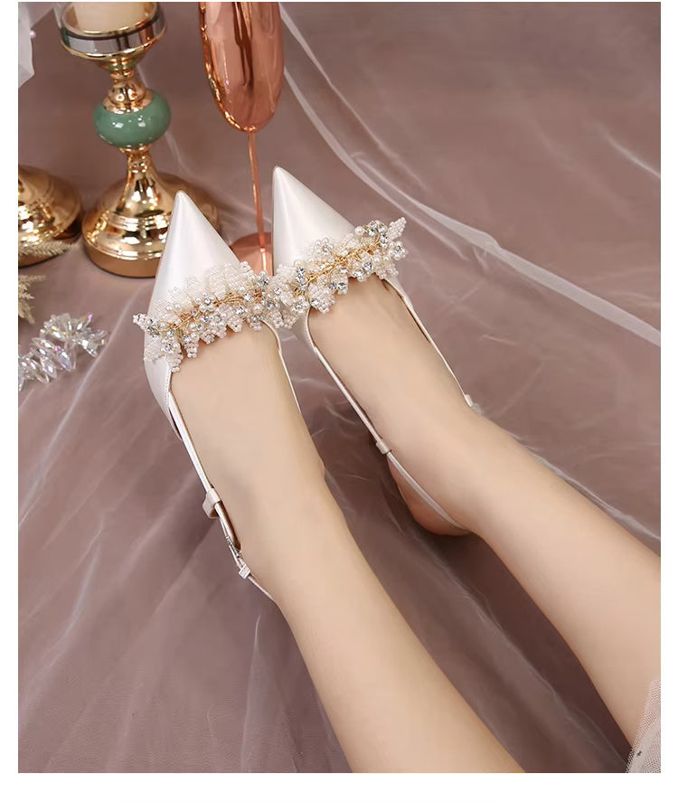 White Pearl Fashion Luxury Satin Bridal High Heels Pumps