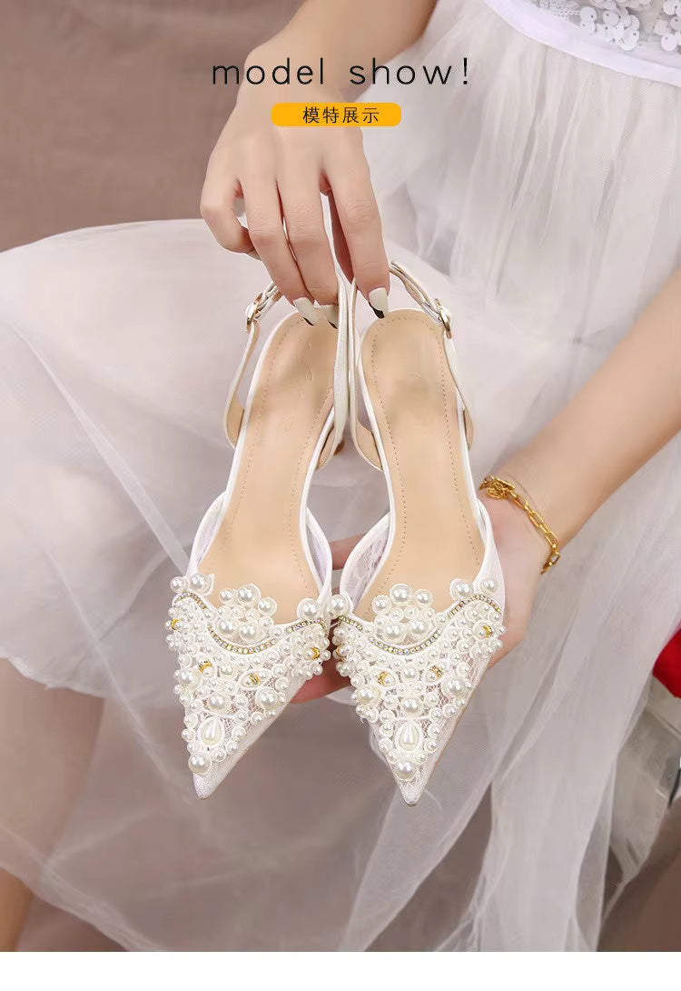 Pearl Fashion High Heels Lace Shoes Bridesmaid Shoes Pumps