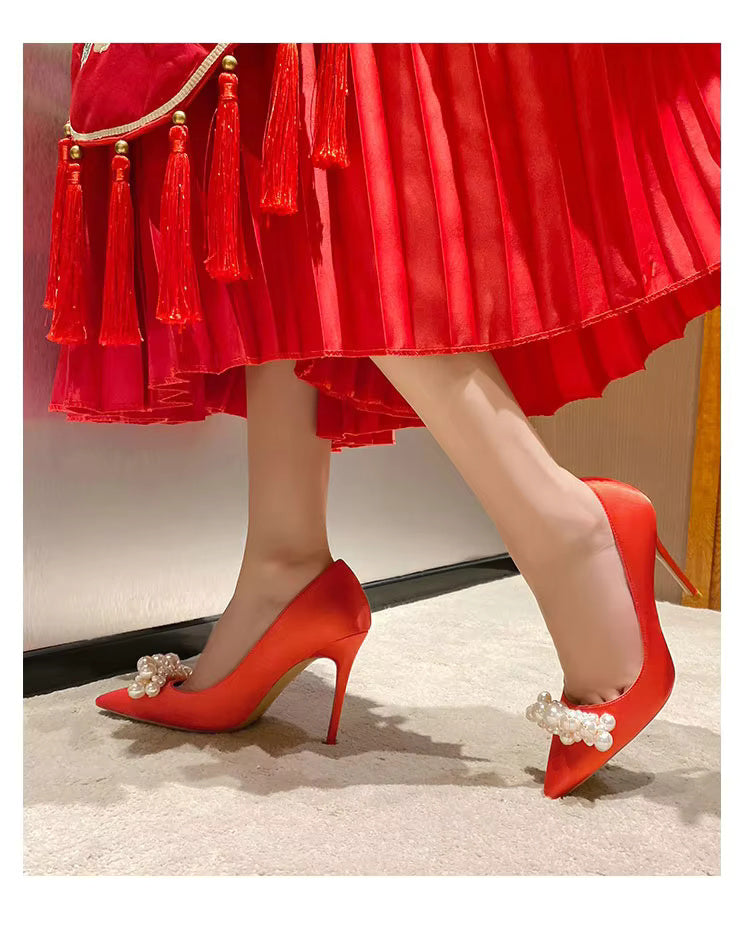 Pearl Pattern French Satin Wedding Bridesmaid High Heels Shoes