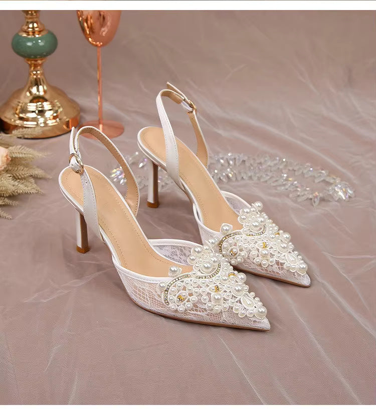 Pearl Fashion High Heels Lace Shoes Bridesmaid Shoes Pumps
