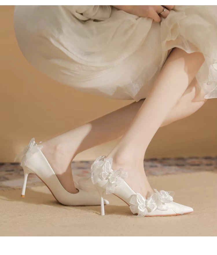 Butterfly Fashion Satin Pointed Pearl Bowknot Bridesmaid High Heel Sandals