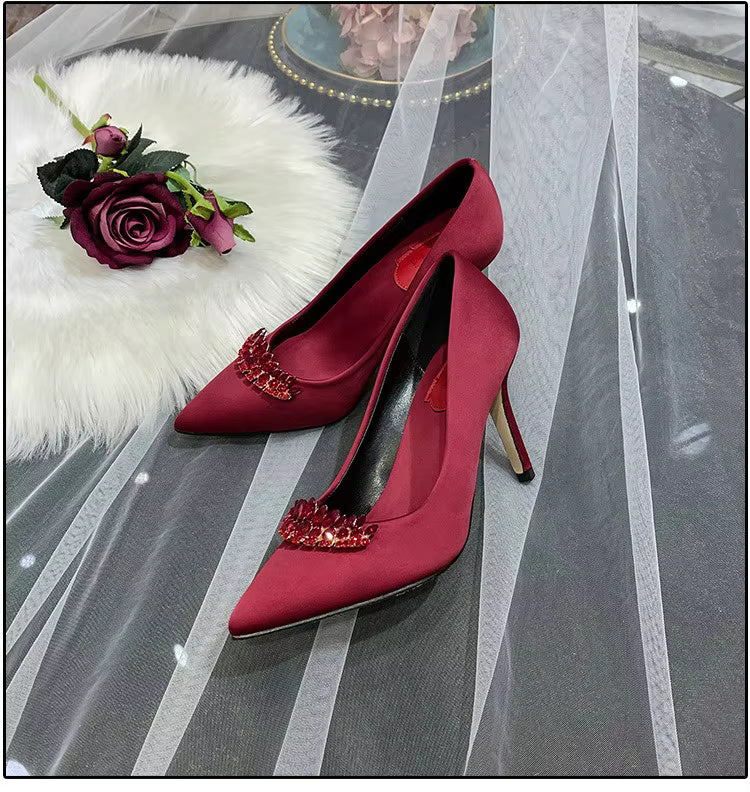Thin Heel Pointed Toe Fashion Rhinestone Princess Pumps Satin Bridal Shoes