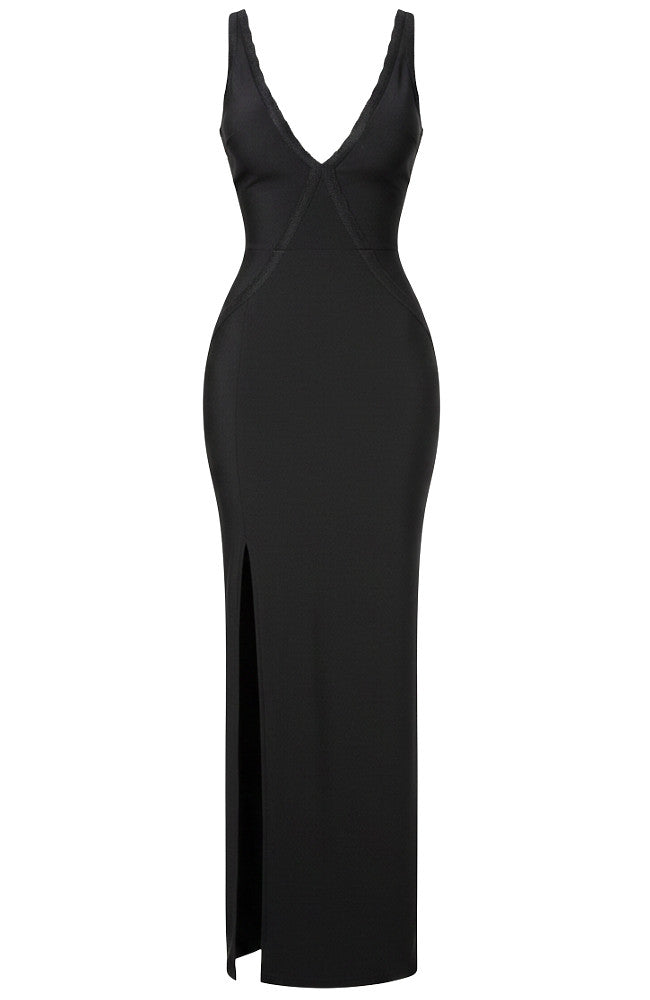 Scalloped Lace Backless Maxi Dress Black