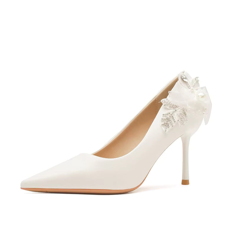 Pointed Pearl Bowknot Fashion Satin Wedding Bridesmaid Single Shoes