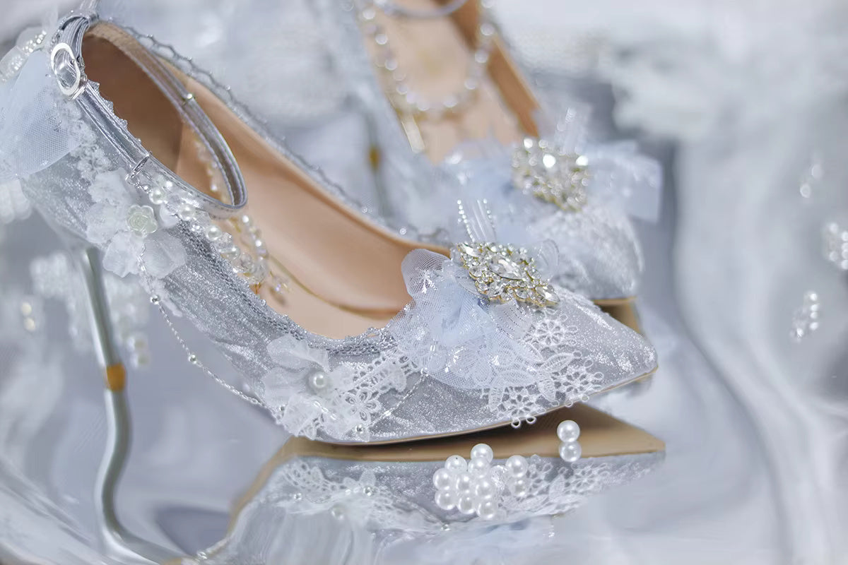 Elegant Lace Bowknot Pearls Gems Pattern Pointed High Heeled Wedding Sandals