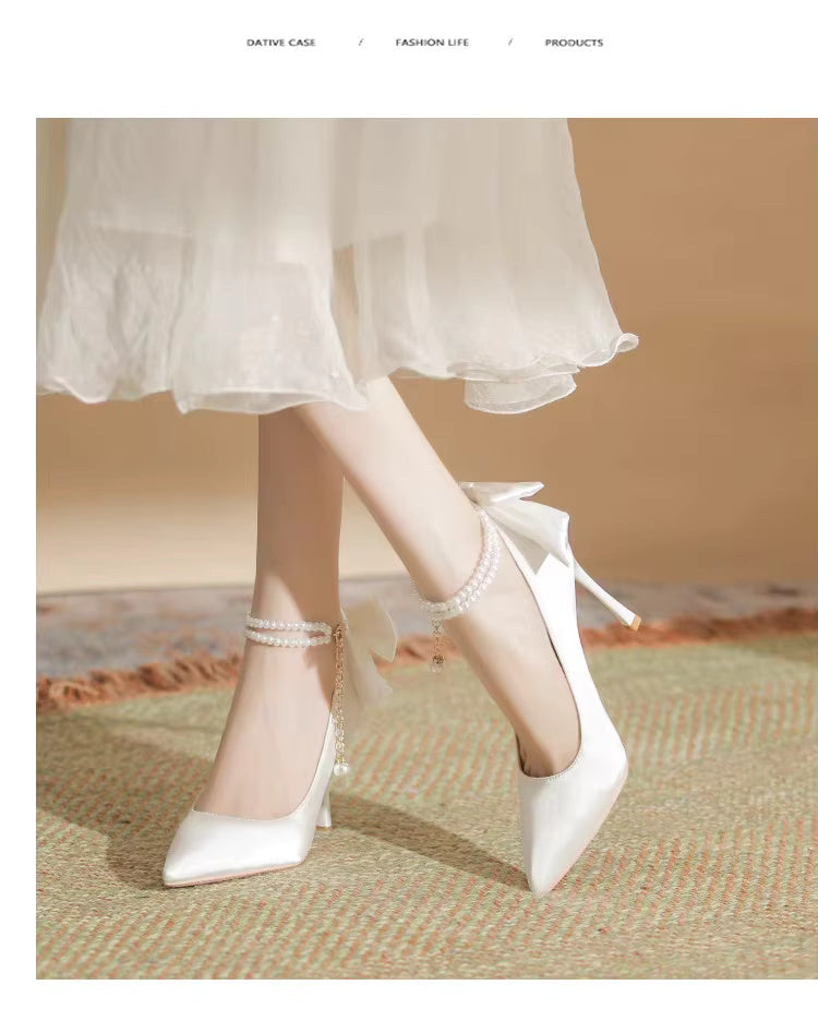 Pearls Buckle Belt Satin Fabric Bow  High Heel Point Toe Wedding Shoes