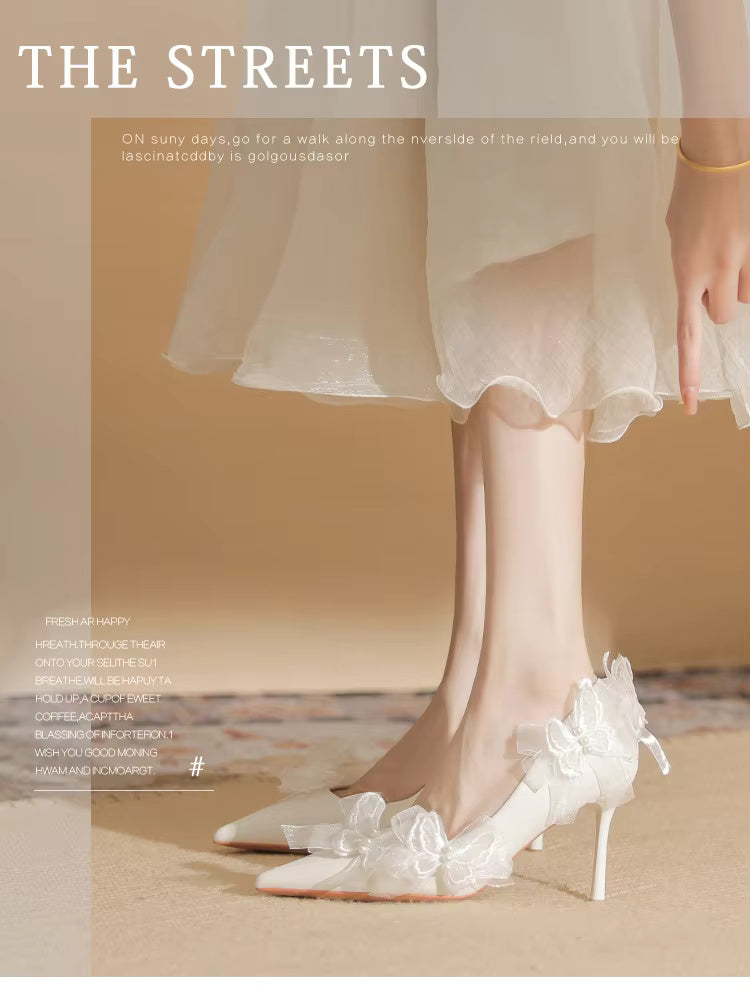 Butterfly Fashion Satin Pointed Pearl Bowknot Bridesmaid High Heel Sandals