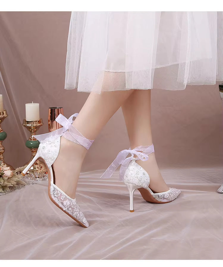 Pointy Thin Heel Lace Hollow Bun Strap Fashion Mesh High Heels Bride Shoes Sandals