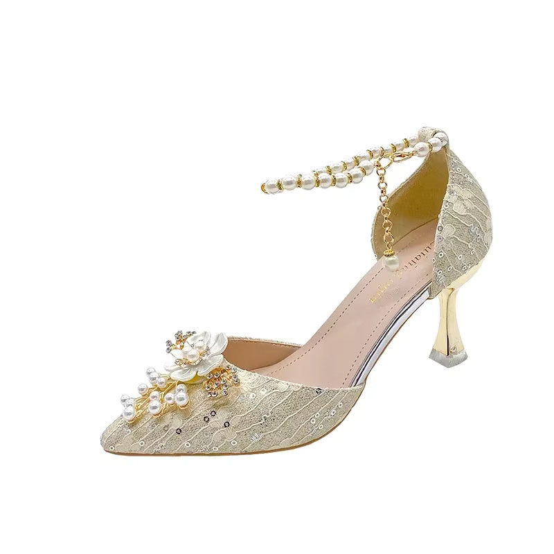 Rhinestone Pattern Lace Beaded Tassel Fashion Bridal Sandals