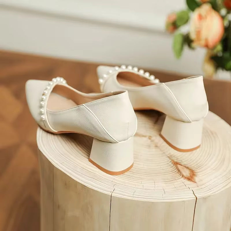 Pearl Pattern Shallow With Medium Heels Pointed Toe Bride Shoe