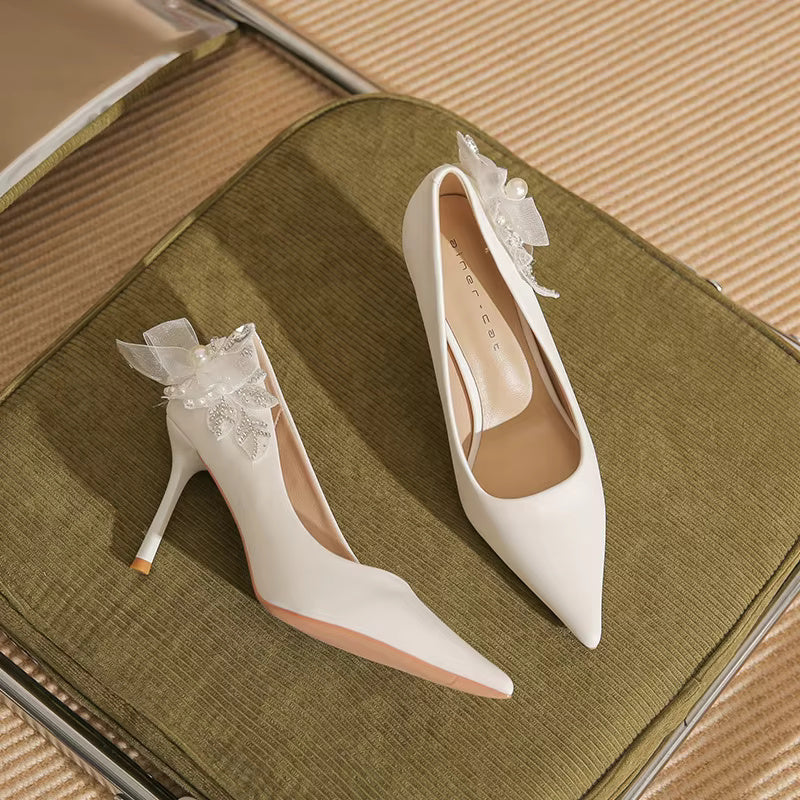 Pointed Pearl Bowknot Fashion Satin Wedding Bridesmaid Single Shoes