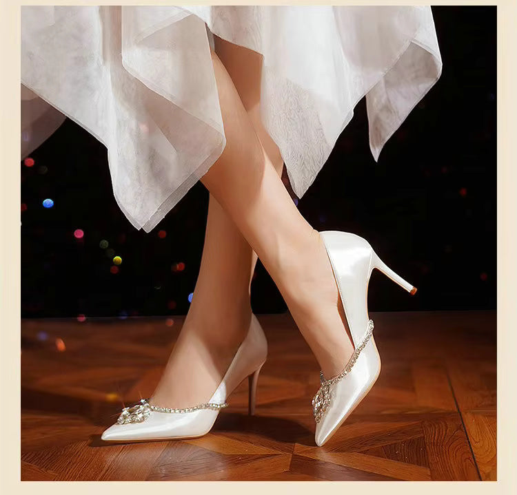 Luxury Pointed Toe Crystal Buckle High Heels Wedding Shoes Stilettos