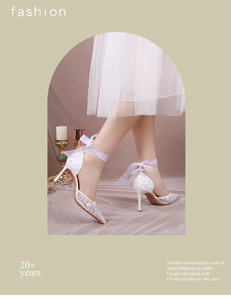 Pointy Thin Heel Lace Hollow Bun Strap Fashion Mesh High Heels Bride Shoes Sandals