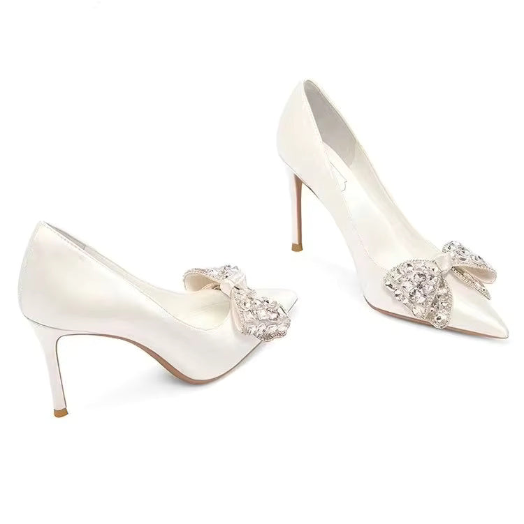 Bow Pattern High Sense French Satin Bridal High Heels Shoes