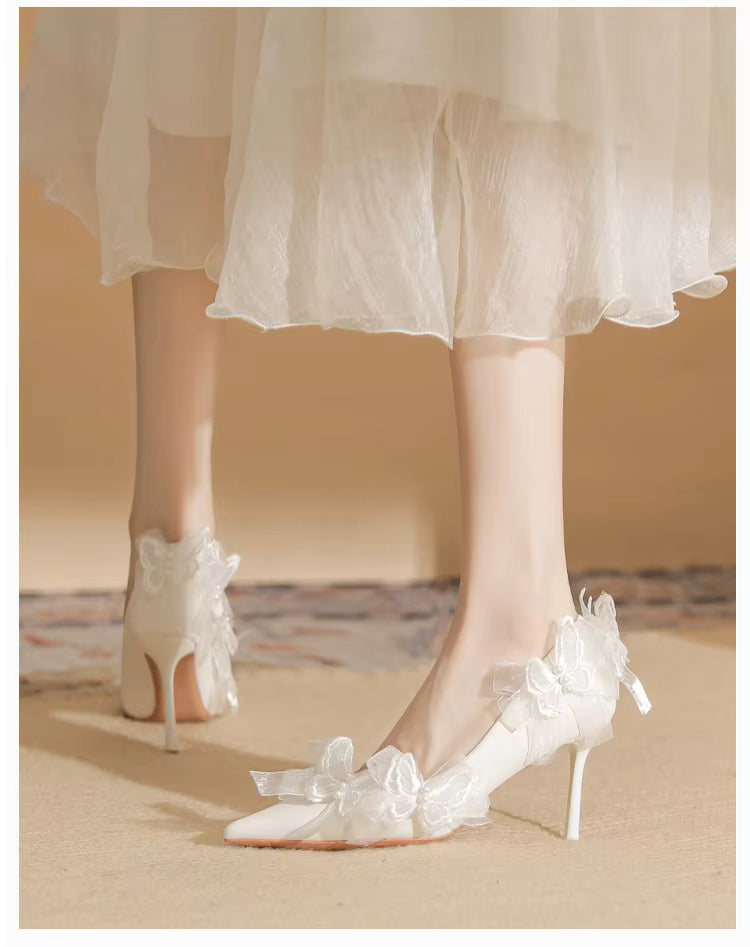 Butterfly Fashion Satin Pointed Pearl Bowknot Bridesmaid High Heel Sandals