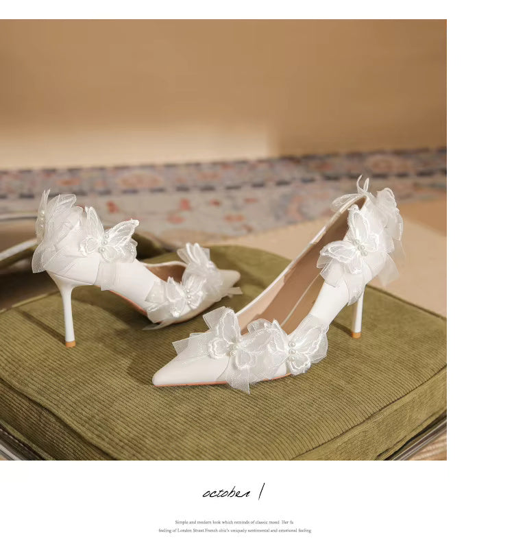 Butterfly Fashion Satin Pointed Pearl Bowknot Bridesmaid High Heel Sandals