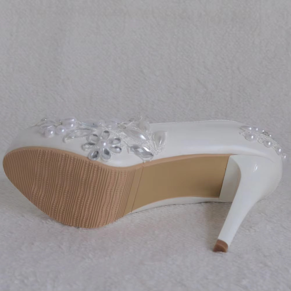 Rhinestone Flower Fashion Thin High Heels Slip on Wedding Shoes