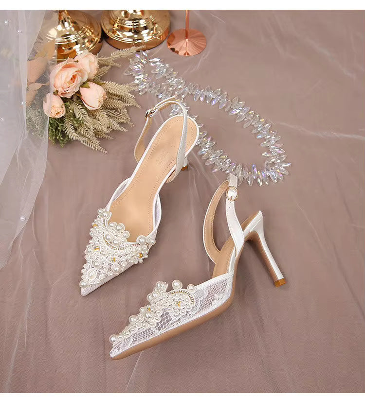Pearl Fashion High Heels Lace Shoes Bridesmaid Shoes Pumps