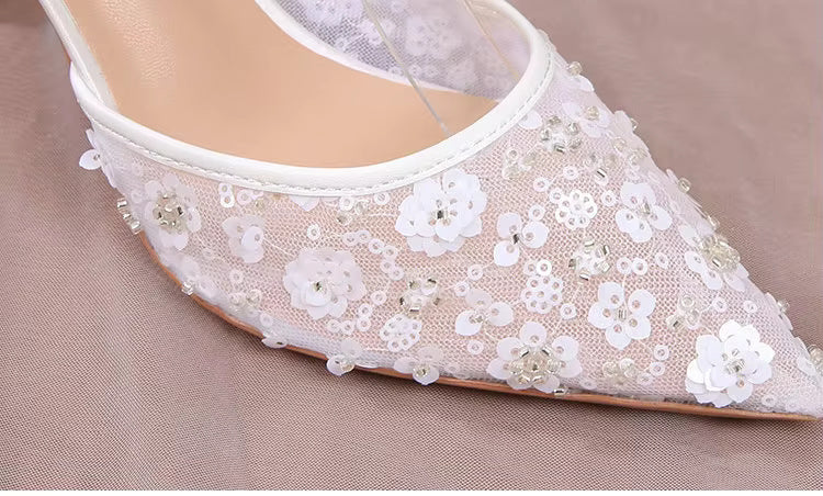 Pointy Thin Heel Lace Hollow Bun Strap Fashion Mesh High Heels Bride Shoes Sandals