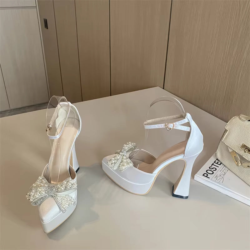 Thick Bottom Pointed Toe Platform Style Pearl Butterfly-Knot High Heels Sandals
