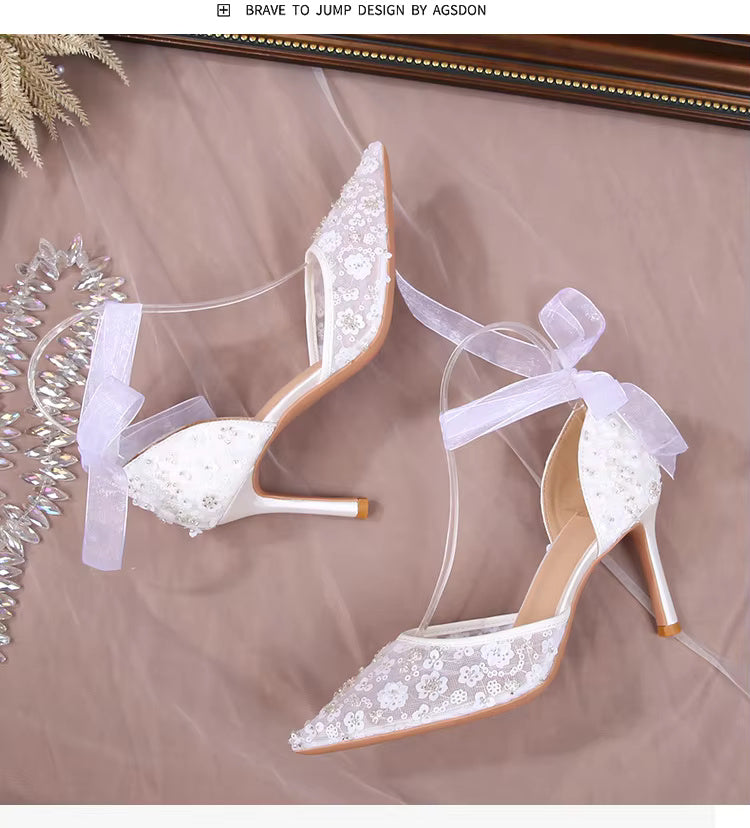 Pointy Thin Heel Lace Hollow Bun Strap Fashion Mesh High Heels Bride Shoes Sandals