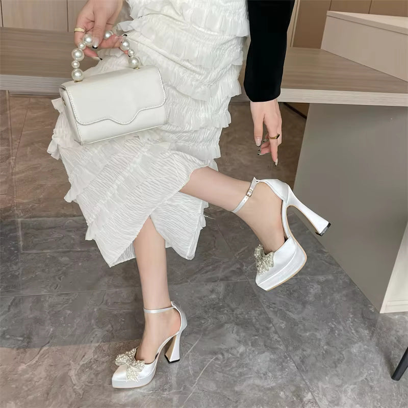 Thick Bottom Pointed Toe Platform Style Pearl Butterfly-Knot High Heels Sandals