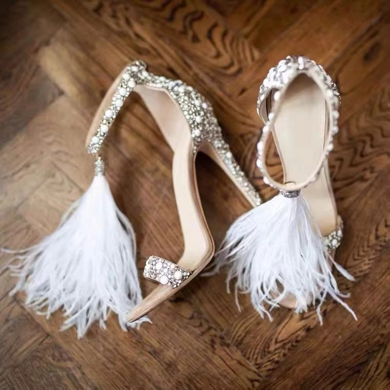 Crystal Rhinestone Feather Tassel High Heels Stiletto Bridal Sandal