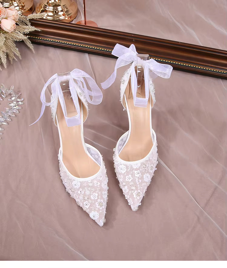 Pointy Thin Heel Lace Hollow Bun Strap Fashion Mesh High Heels Bride Shoes Sandals