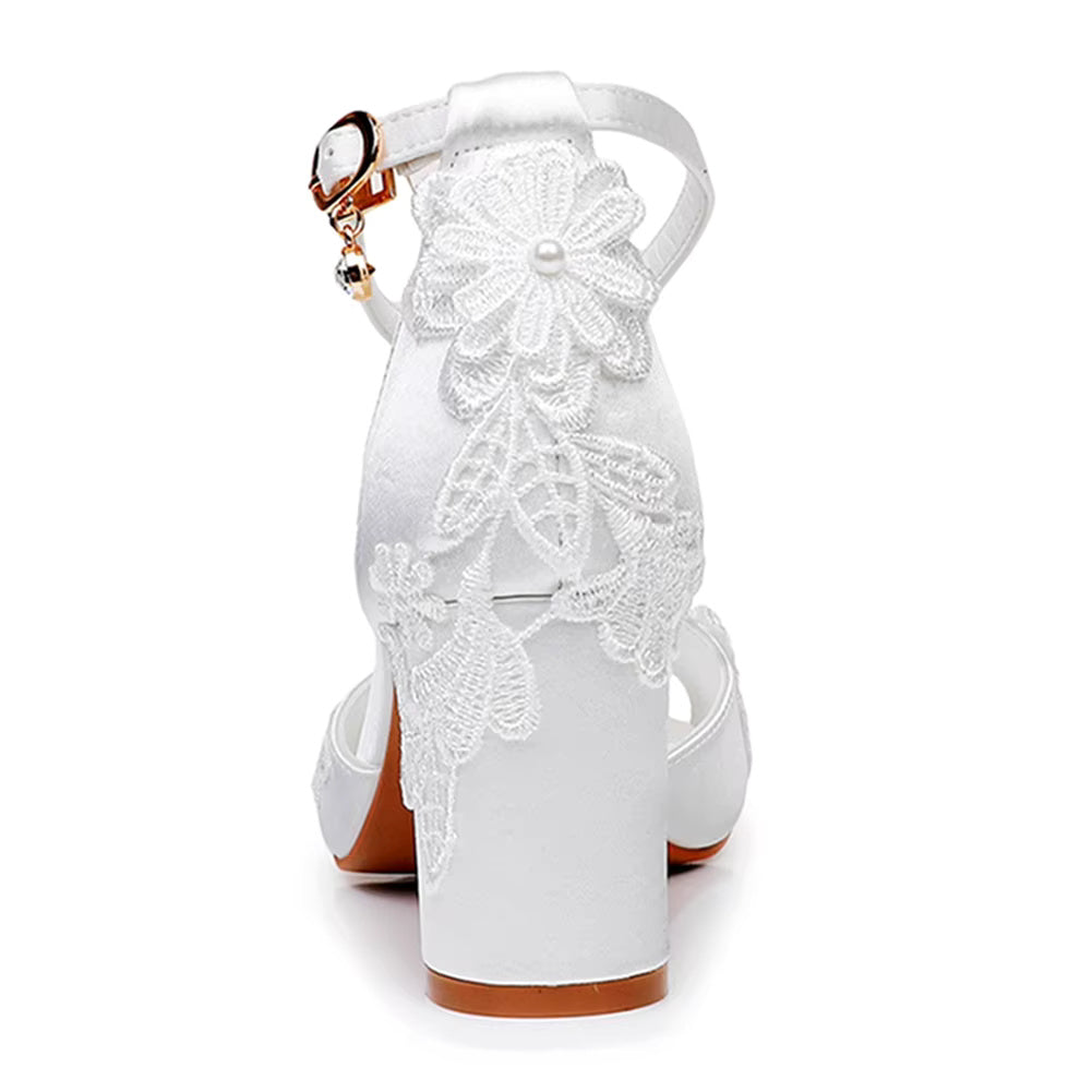 Crystal Flower Elegant Chunky High Heel Ankle Buckle White Lace Sandals