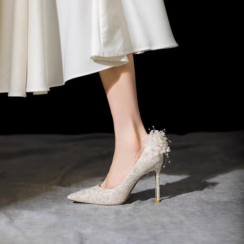 Fairy Wind Beige White Pearl Fashion Pointy Shallow Mouth Pointed Toe High Heels  Wedding Stilettos