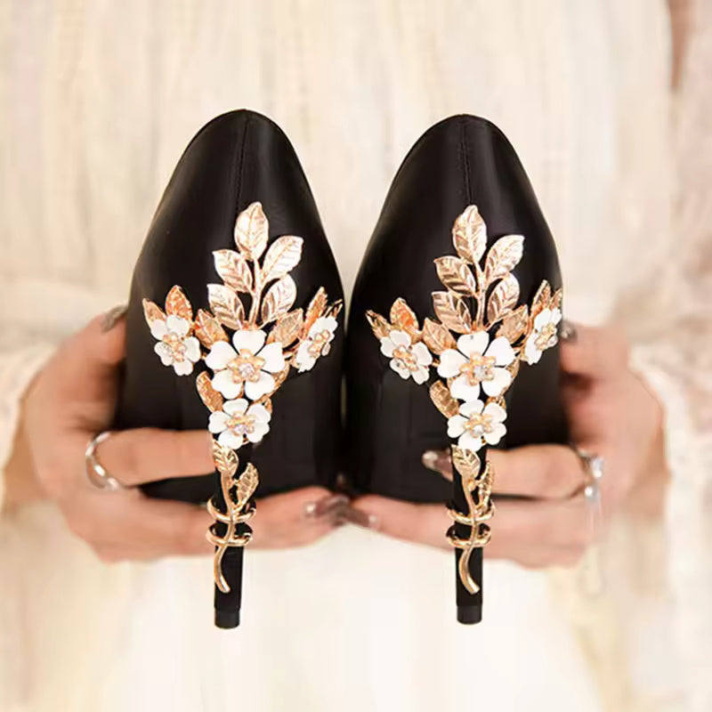 Elegant Silk Design Luxury Flower Pattern Stiletto Heeled