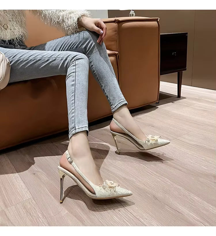 Shallow Mouth Flower Water Diamond Slim Wedding Shoes High Heels